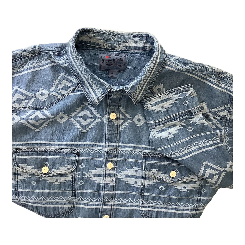 Lucky Brand True Índigo Denim Buttonup Southwestern Design XL EUC